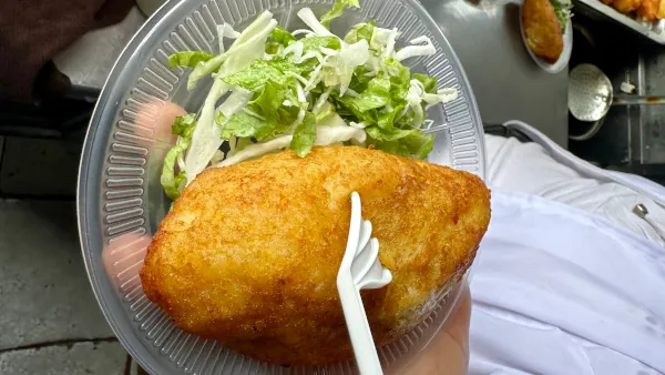 Papa Rellena, a delicious street food in Lima, Peru